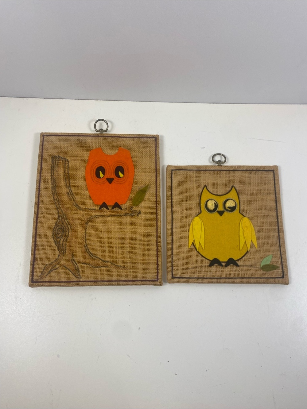 Set Of 2 Vintage Handcrafted Mid-Century Owl Burlap & Felt Wall Plaques 9” & 12”